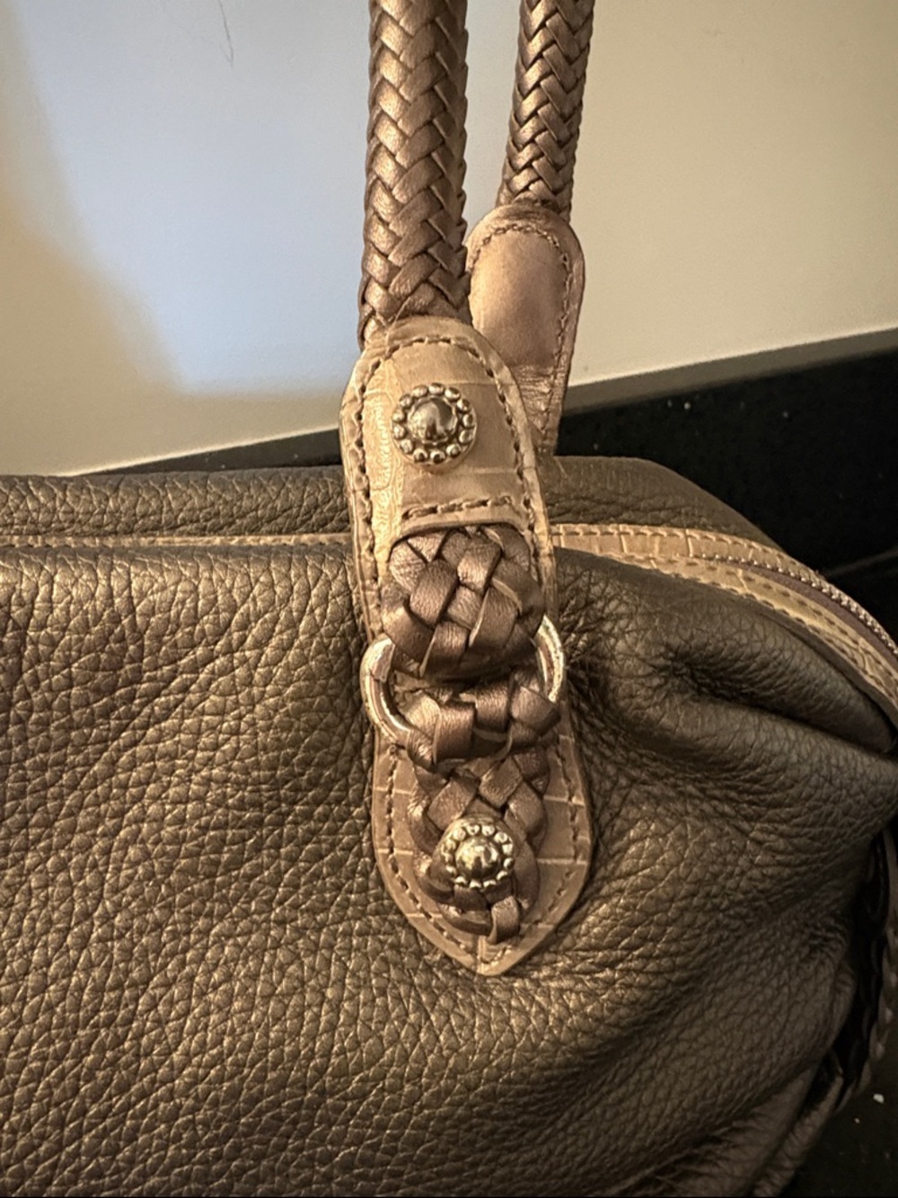 *Brighton Pebbled Leather Double Handles Satchel Handbag Metallic Bronze Hobo - Picture 5 of 17